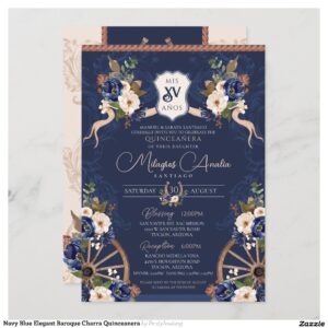 Navy Blue Elegant Baroque Charra Quinceanera Invitation
