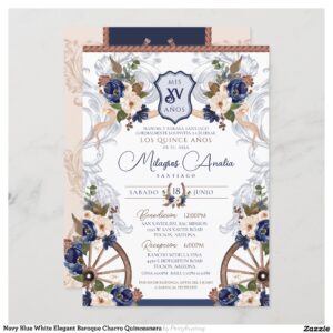 Navy Blue White Elegant Baroque Charro Quinceanera Invitation