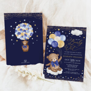 Navy Gold Teddy Bear Balloons Boy Baby Shower Invitation