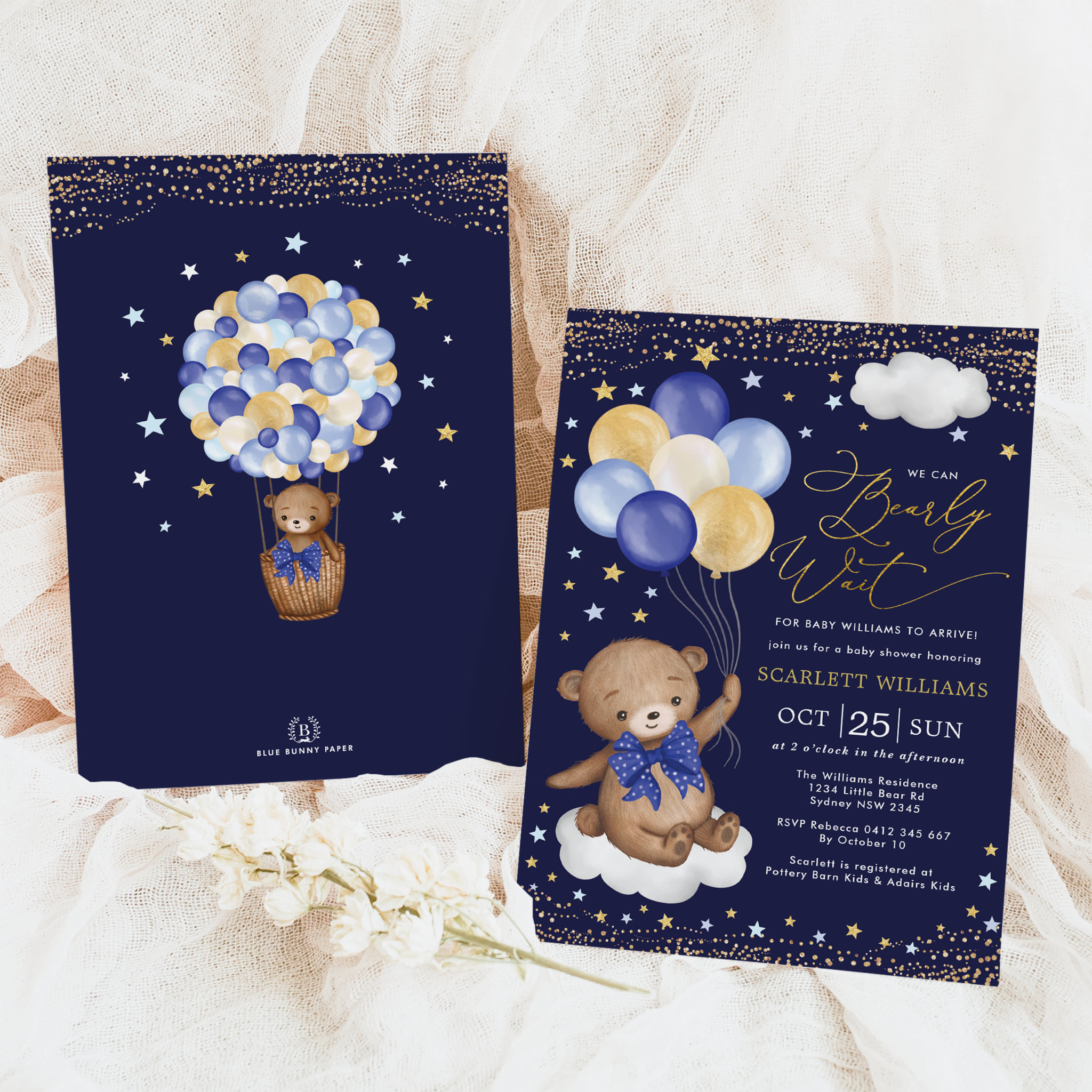 Navy Gold Teddy Bear Balloons Boy Baby Shower Invitation
