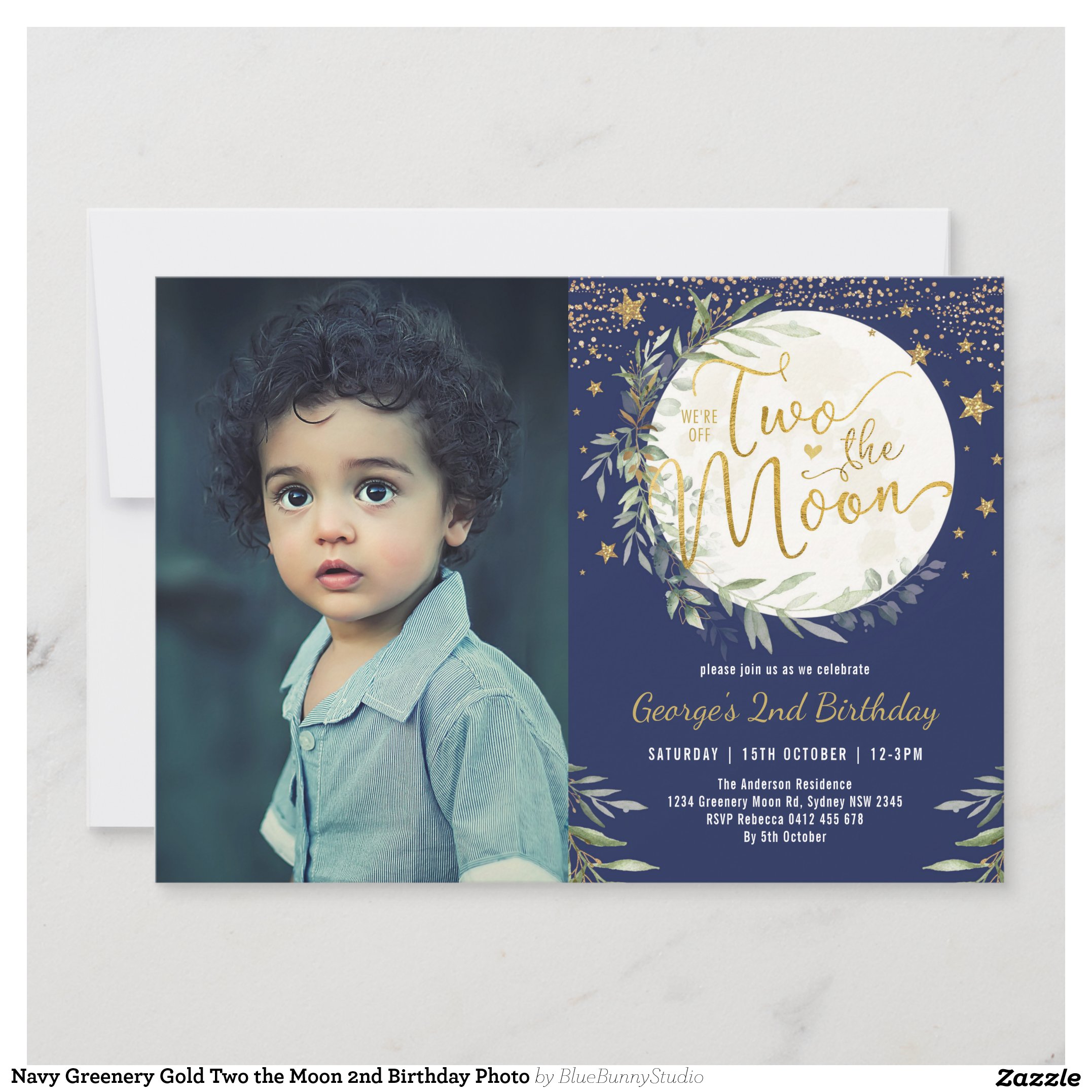 Navy Greenery Gold Two the Moon 2nd Birthday Photo Invitation