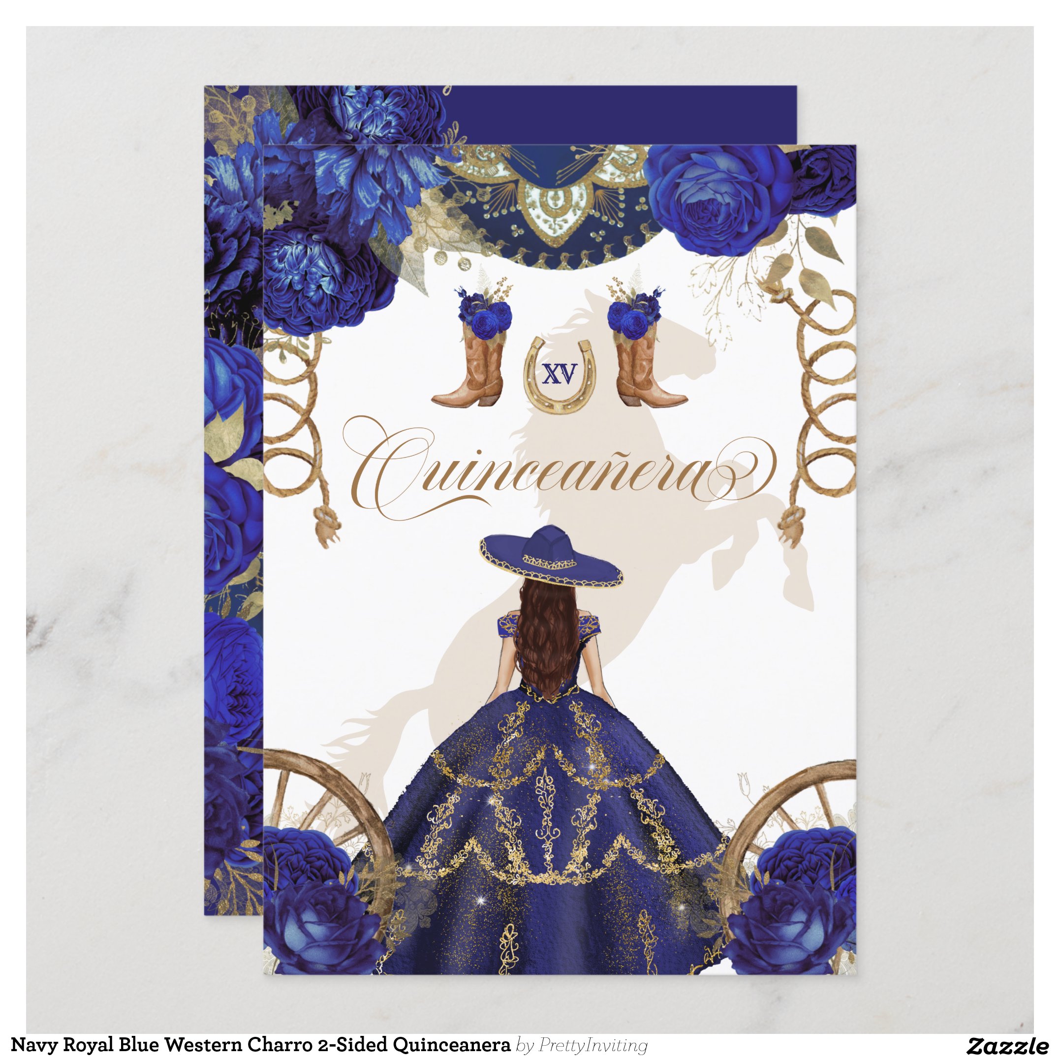 Navy Royal Blue Western Charro 2-Sided Quinceanera Invitation