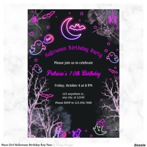 Neon Girl Halloween Birthday Any Year Invitation
