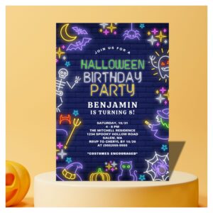 Neon Halloween 8th Birthday Party Invitation