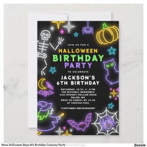 Neon Halloween Boys 6th Birthday Costume Party Invitation