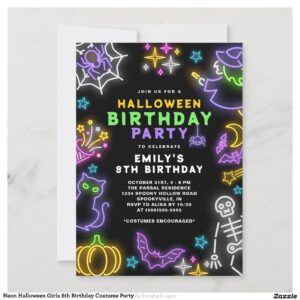 Neon Halloween Girls 8th Birthday Costume Party Invitation