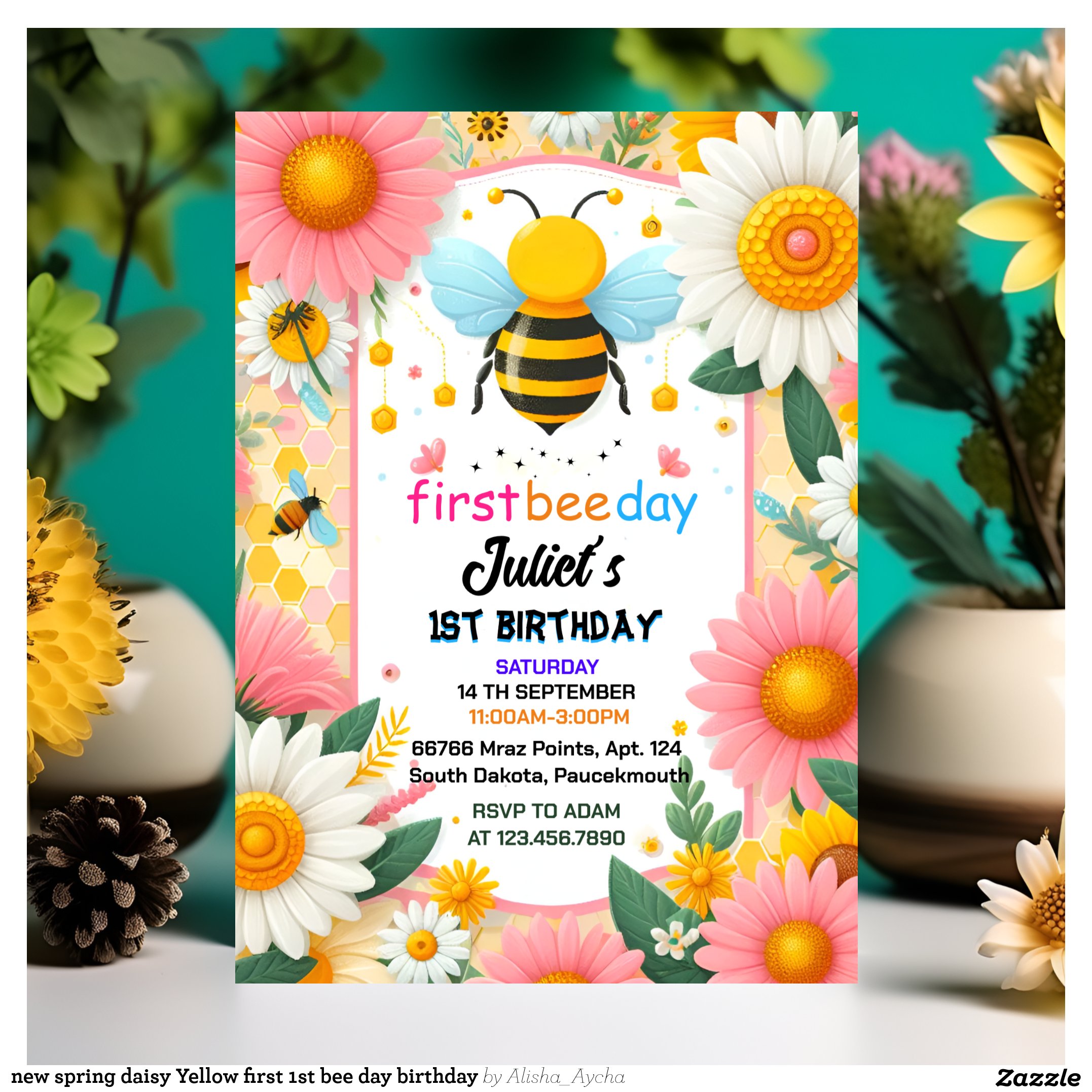 new spring daisy Yellow first 1st bee day birthday Invitation