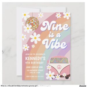 Nine is a vibe 9th birthday invitation groovy girl