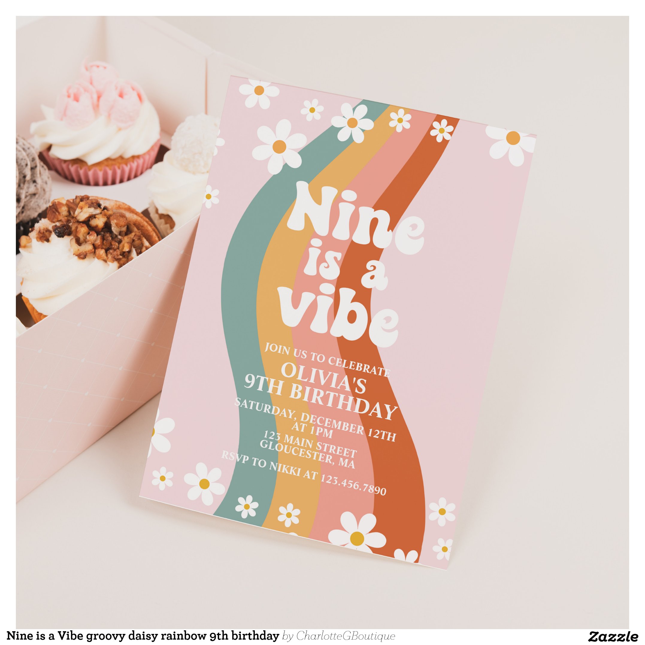 Nine is a Vibe groovy daisy rainbow 9th birthday Invitation