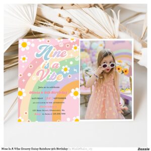 Nine Is A Vibe Groovy Daisy Rainbow 9th Birthday Invitation