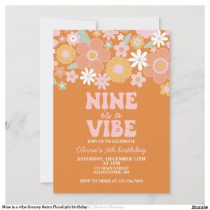 Nine is a vibe Groovy Retro Floral 9th birthday Invitation