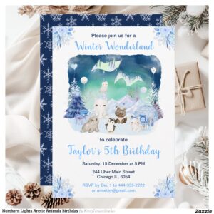Northern Lights Arctic Animals Birthday Invitation