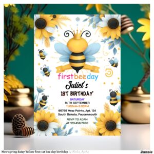 Now spring daisy Yellow first 1st bee day birthday Invitation