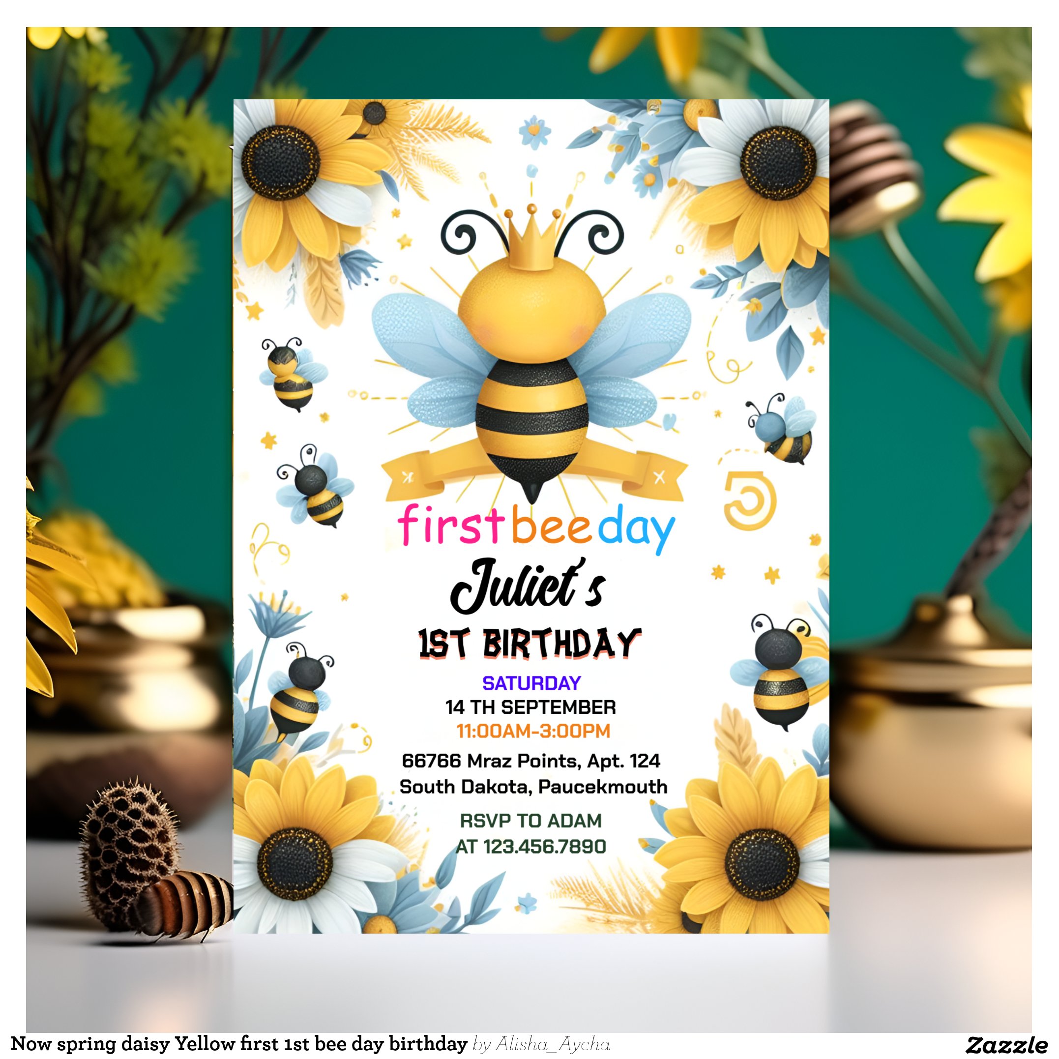 Now spring daisy Yellow first 1st bee day birthday Invitation