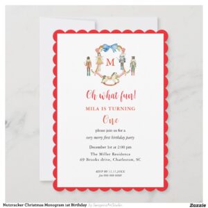 Nutcracker Christmas Monogram 1st Birthday Invitation