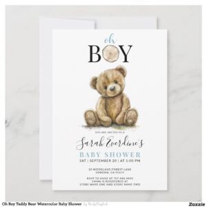 Oh Boy Teddy Bear Watercolor Baby Shower Invitation