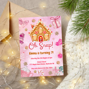 Oh Snap Pink Gingerbread House Birthday Invitation