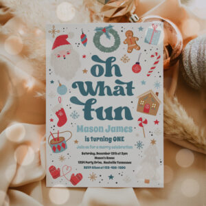 Oh What Fun Blue And Red Christmas Birthday Party Invitation