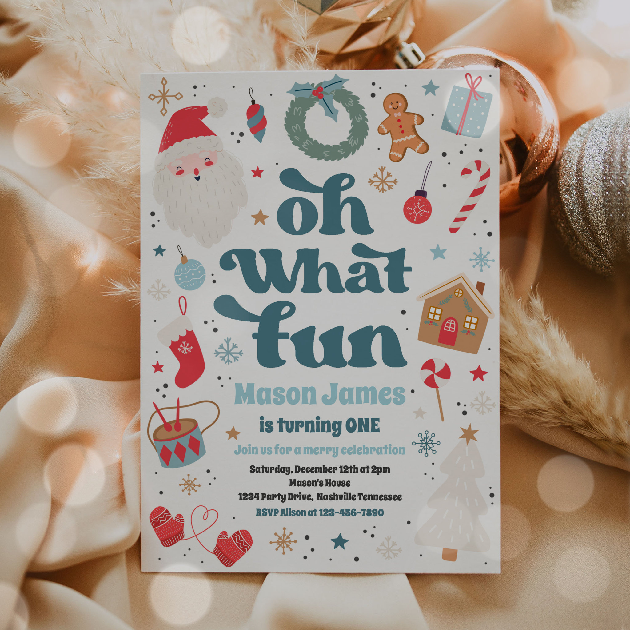 Oh What Fun Blue And Red Christmas Birthday Party Invitation