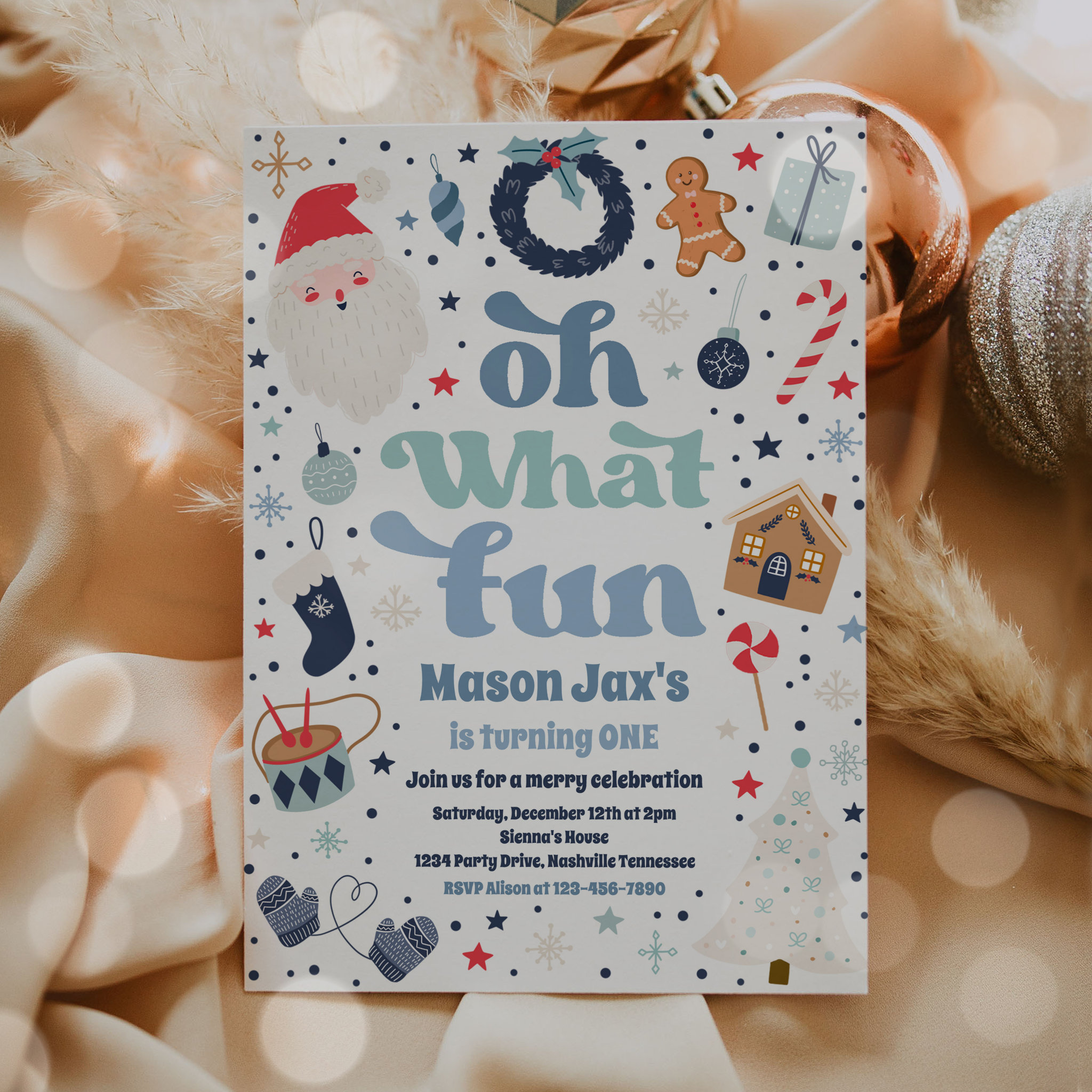Oh What Fun Blue And Red Christmas Birthday Party Invitation