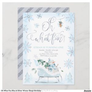 Oh What Fun Blue & Silver Winter Sleigh Birthday Invitation
