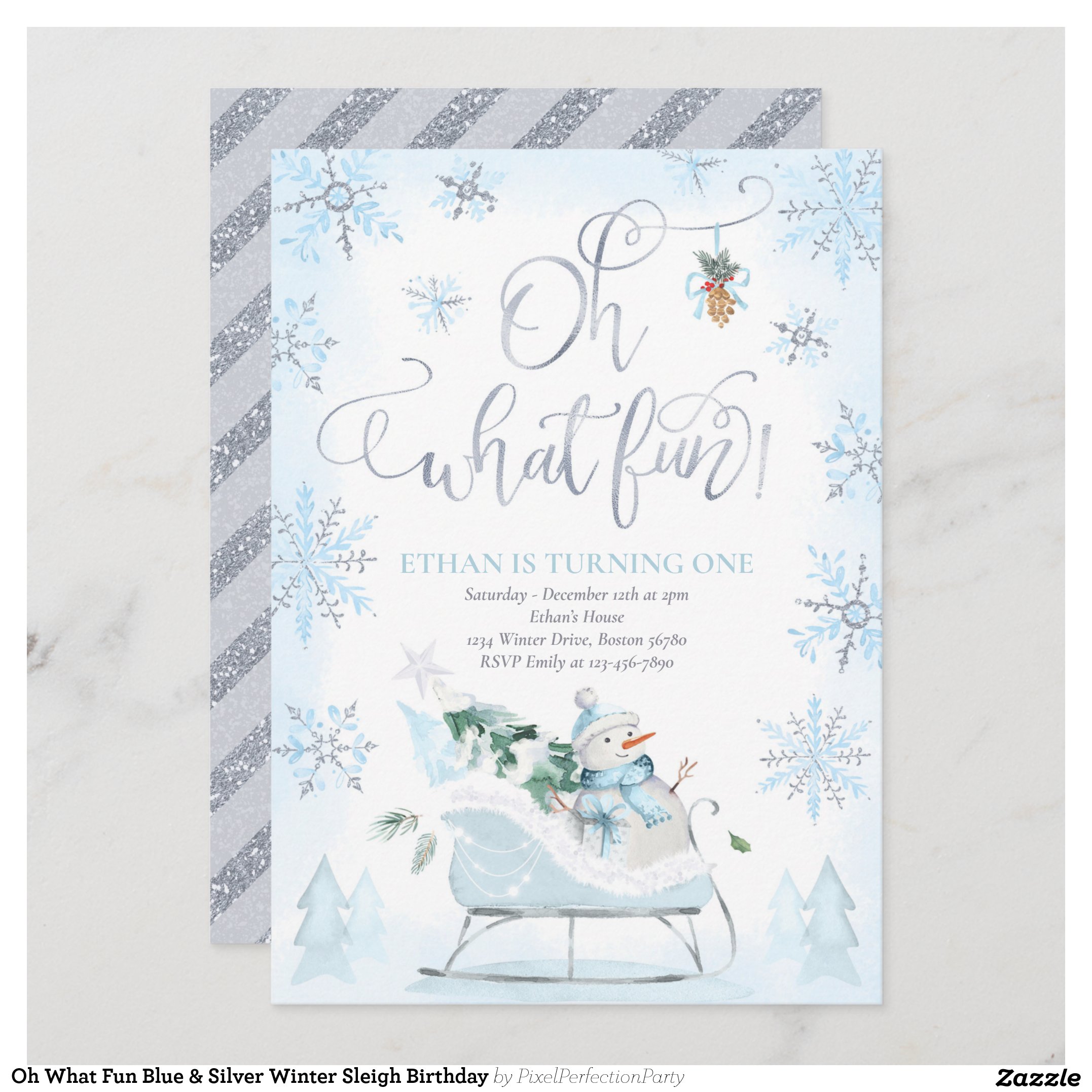 Oh What Fun Blue & Silver Winter Sleigh Birthday Invitation