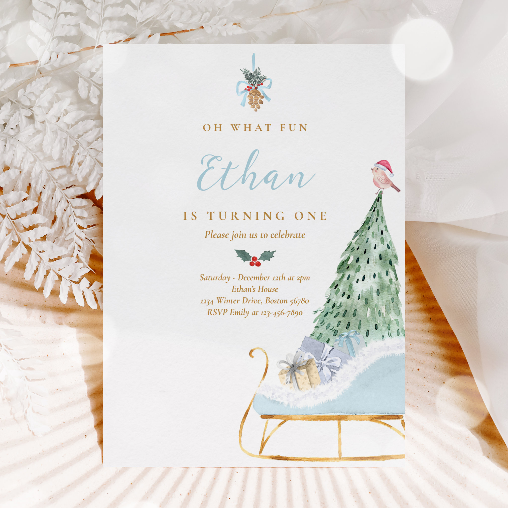 Oh What Fun Boy Winter Sleigh 1st Birthday Party Invitation