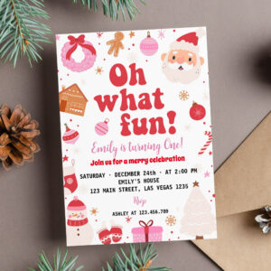 Oh What Fun Christmas First Birthday Invitation