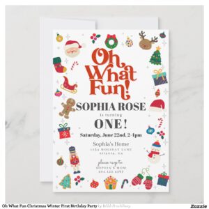 Oh What Fun Christmas Winter First Birthday Party Invitation