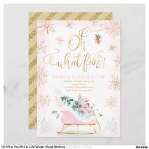 Oh What Fun Pink & Gold Winter Sleigh Birthday Invitation