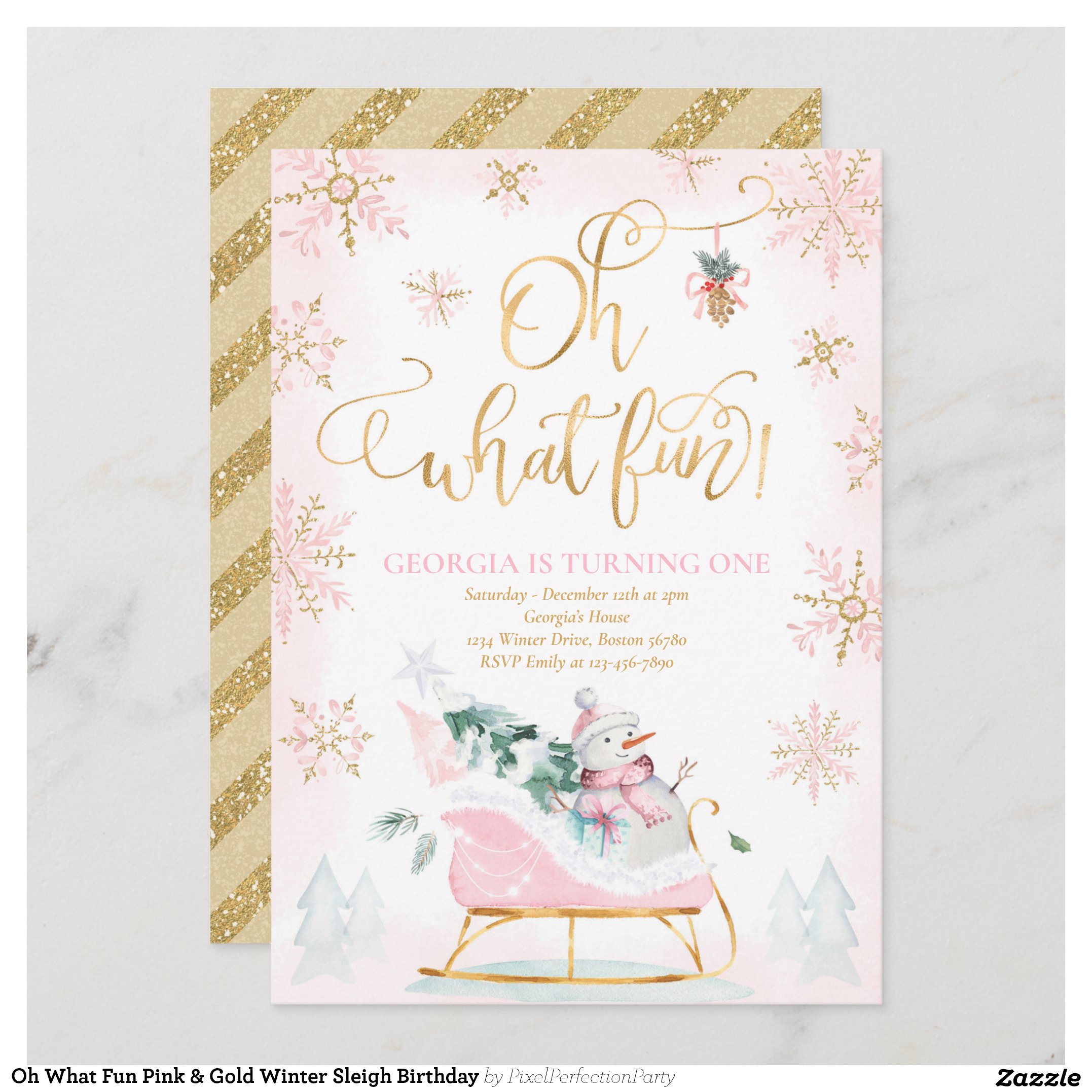 Oh What Fun Pink & Gold Winter Sleigh Birthday Invitation