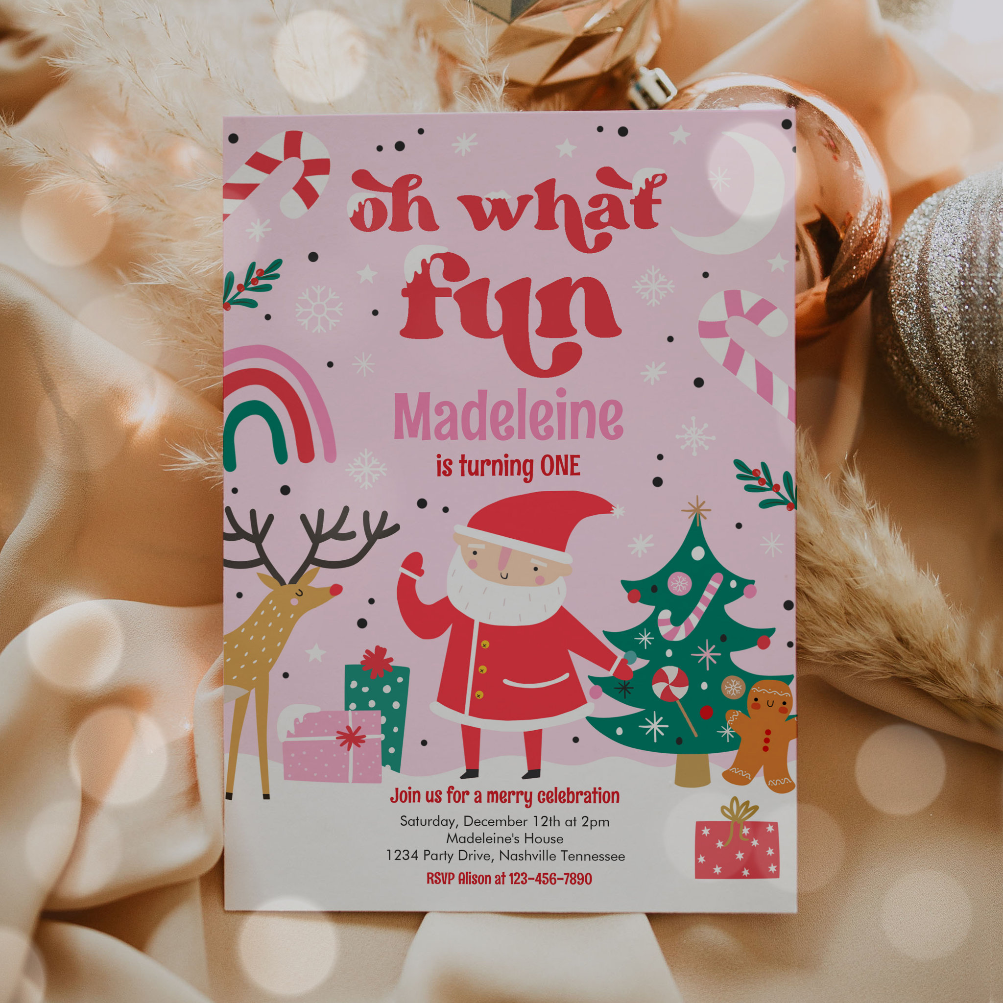 Oh What Fun Pink Santa Christmas Birthday Party Invitation