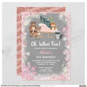 Oh What Fun Pink Sleigh woodland Animal Birthday Invitation