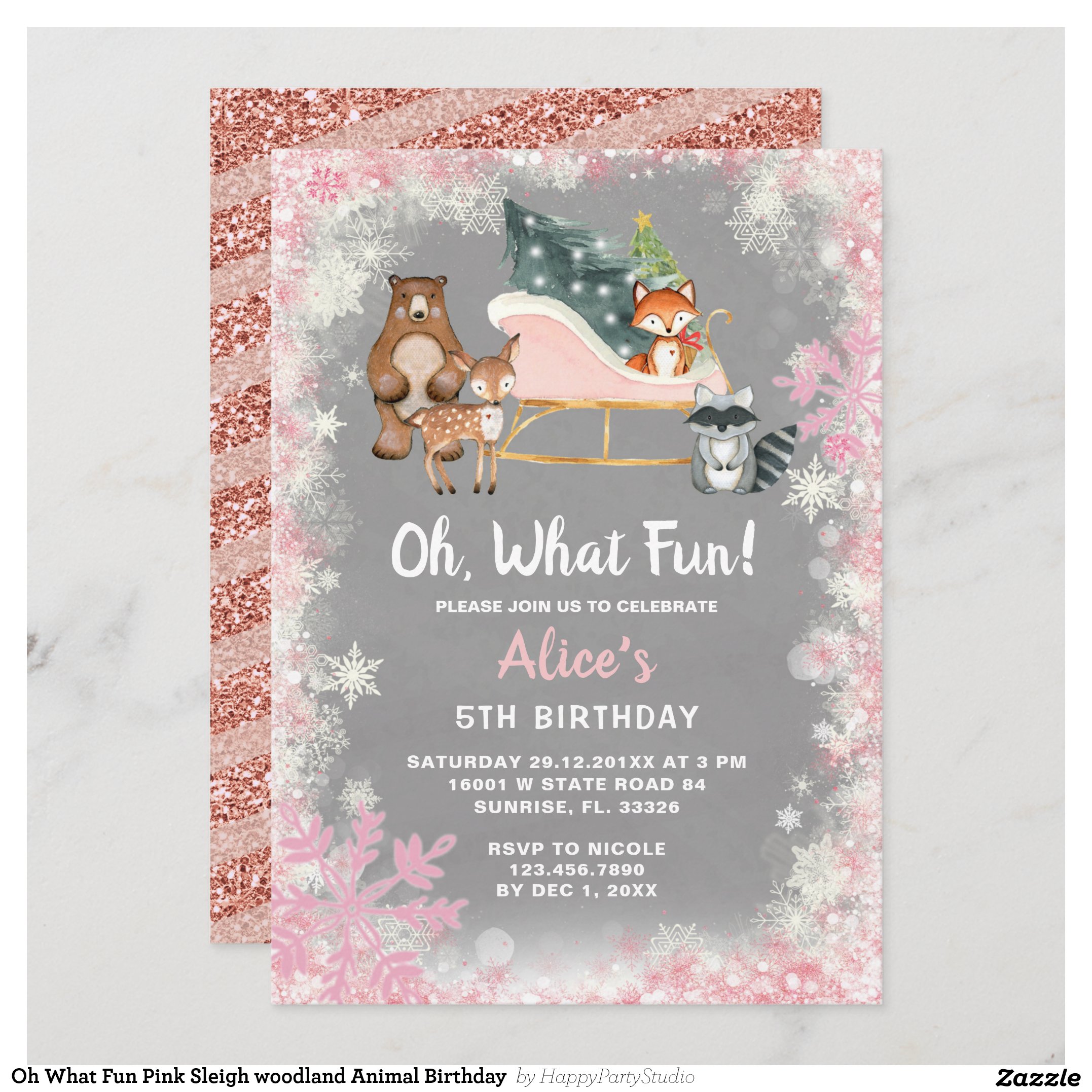 Oh What Fun Pink Sleigh woodland Animal Birthday Invitation