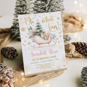 Oh What Fun Pink Winter Wonderland 1st Birthday Invitation