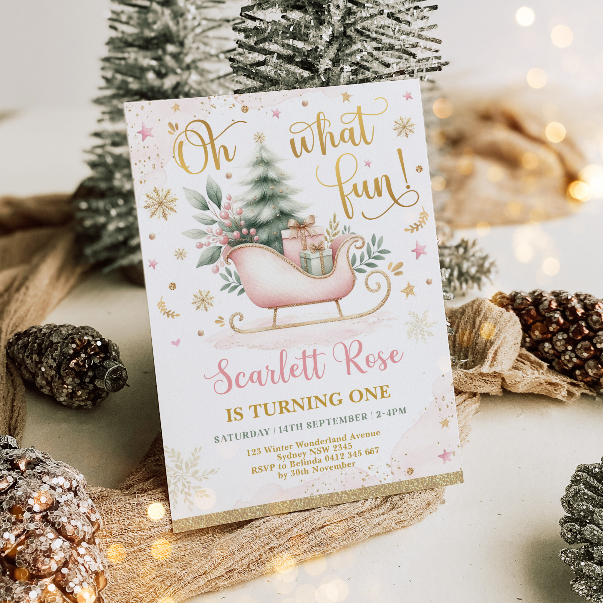 Oh What Fun Pink Winter Wonderland 1st Birthday Invitation