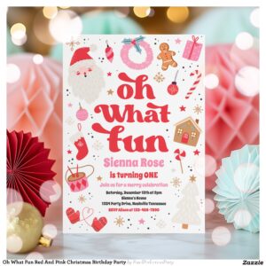 Oh What Fun Red And Pink Christmas Birthday Party Invitation