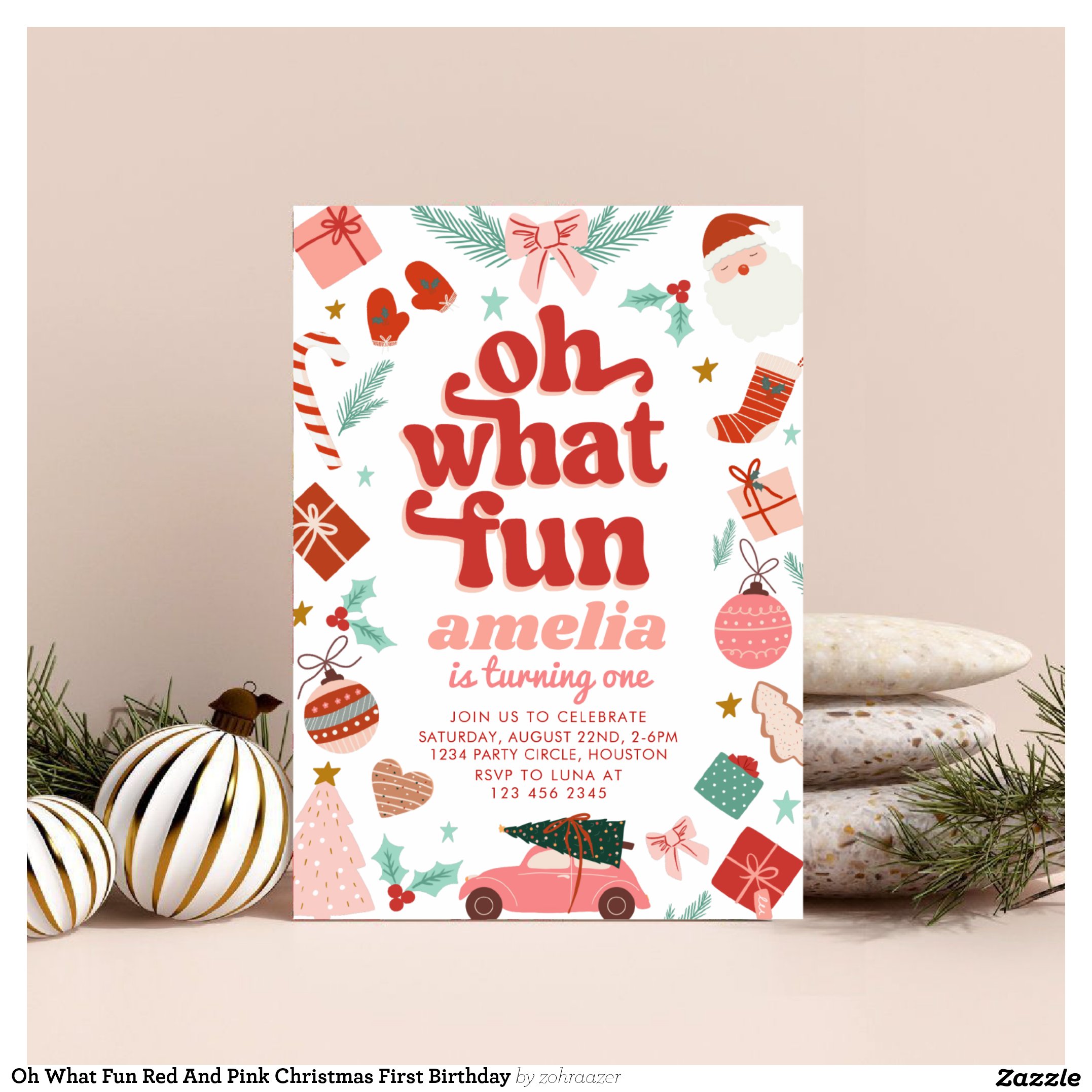 Oh What Fun Red And Pink Christmas First Birthday Invitation