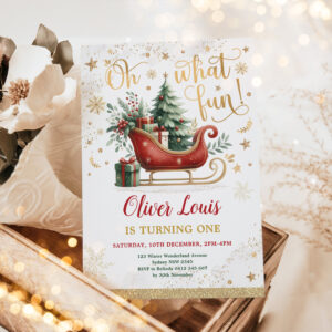 Oh What Fun Red Gold Winter Wonderland Birthday Invitation
