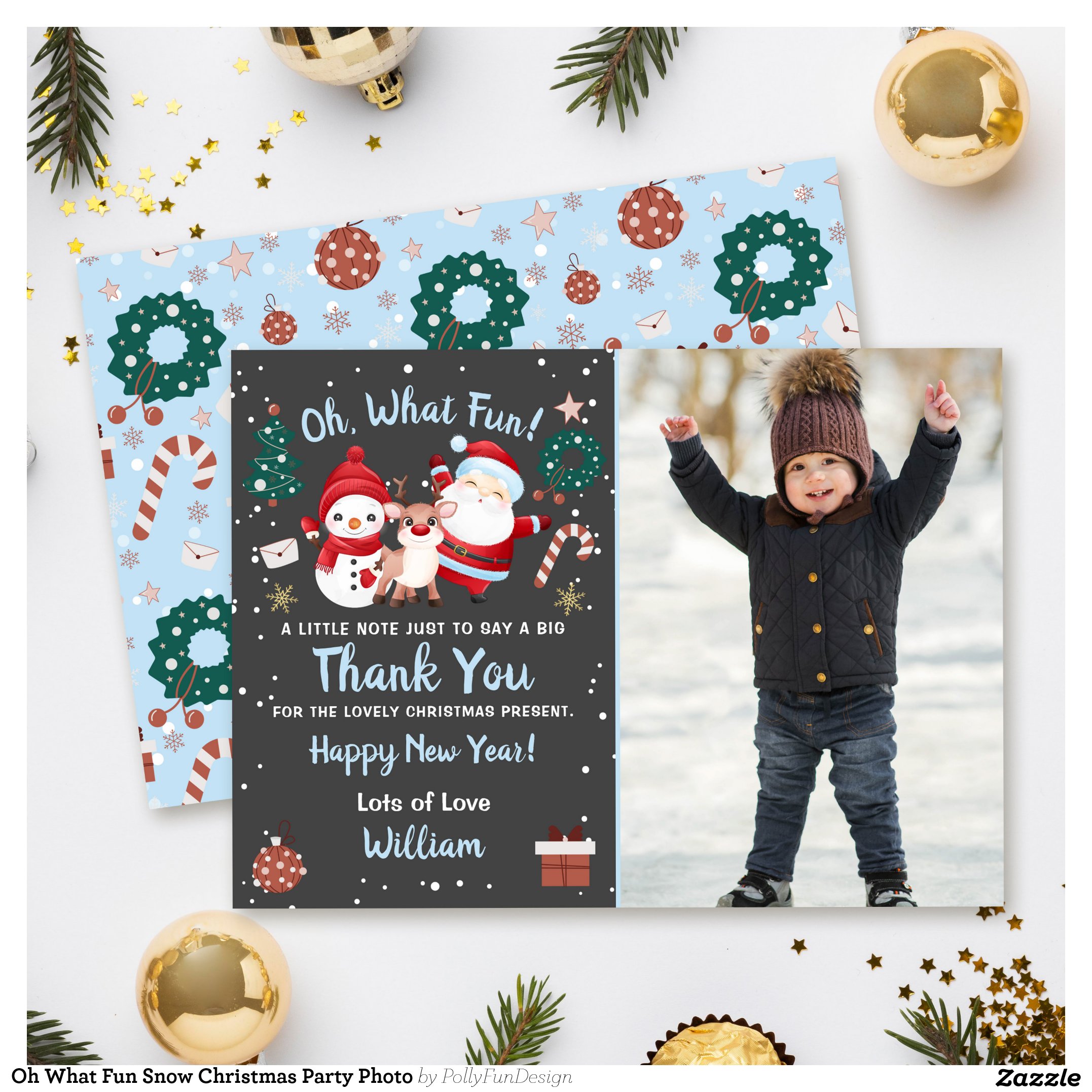 Oh What Fun Snow Christmas Party Photo Thank You Card