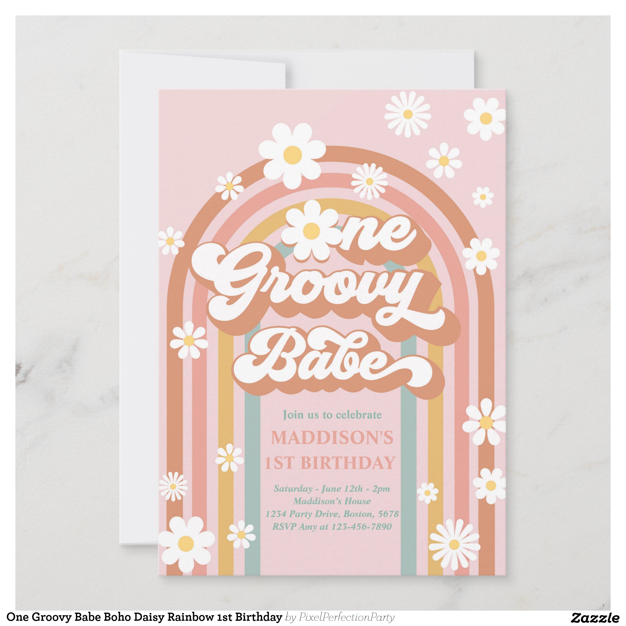 One Groovy Babe Boho Daisy Rainbow 1st Birthday Invitation