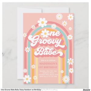 One Groovy Babe Boho Daisy Rainbow 1st Birthday Invitation