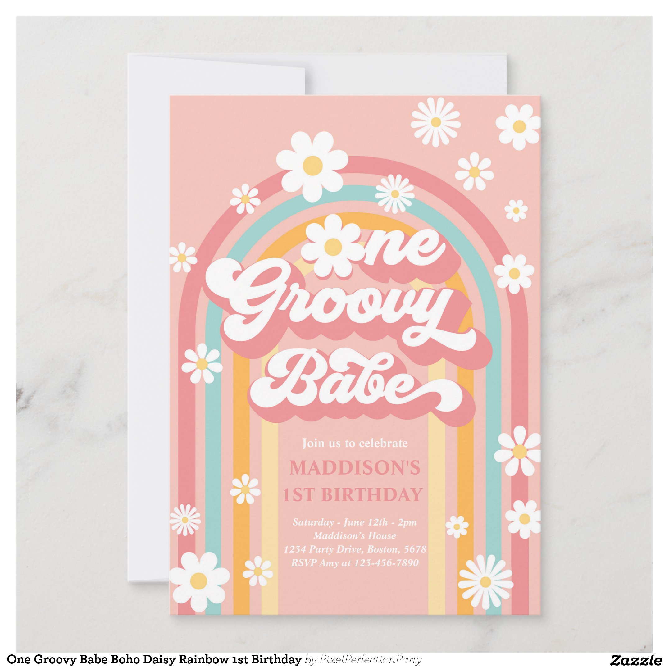 One Groovy Babe Boho Daisy Rainbow 1st Birthday Invitation