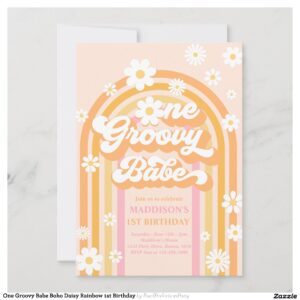 One Groovy Babe Boho Daisy Rainbow 1st Birthday Invitation