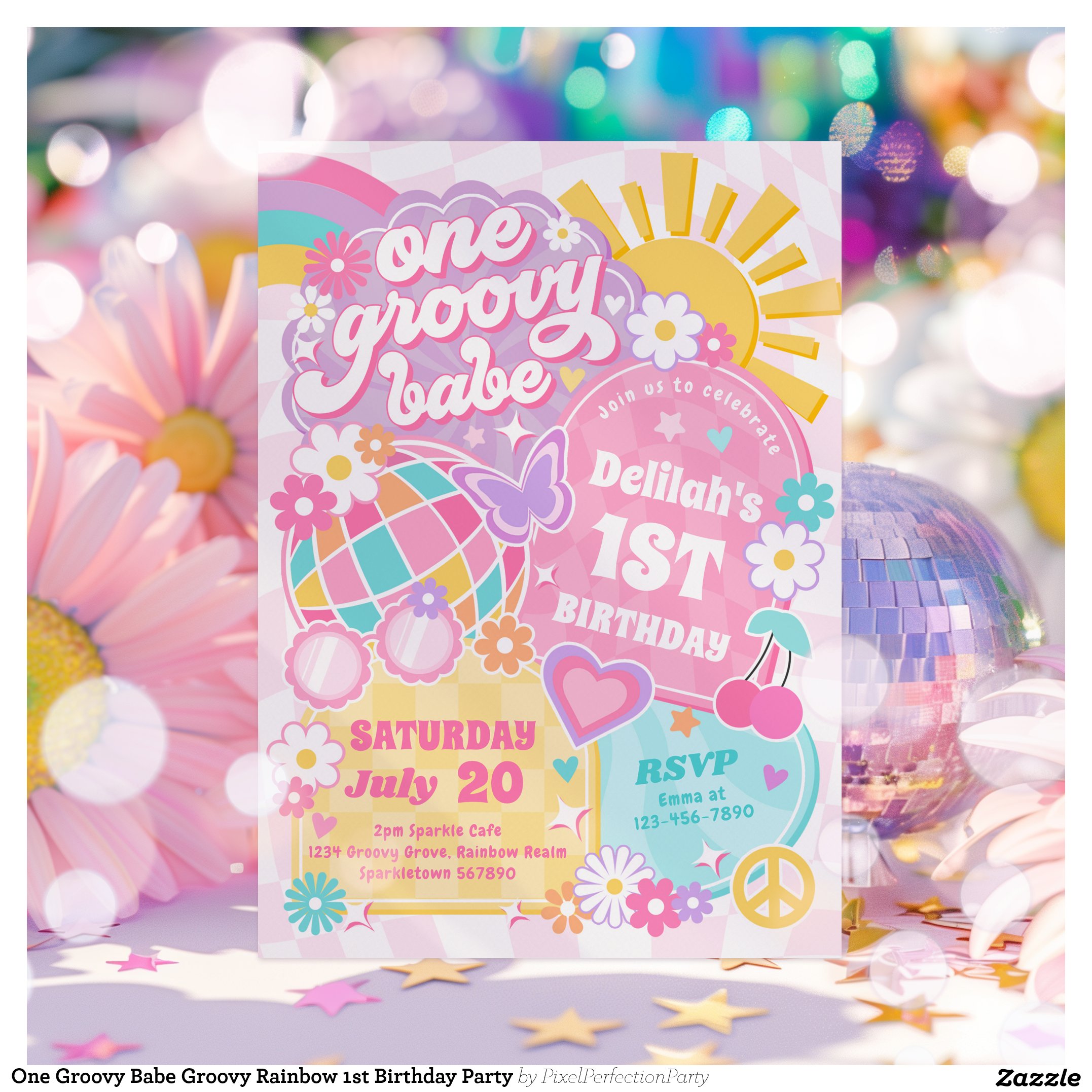 One Groovy Babe Groovy Rainbow 1st Birthday Party Invitation