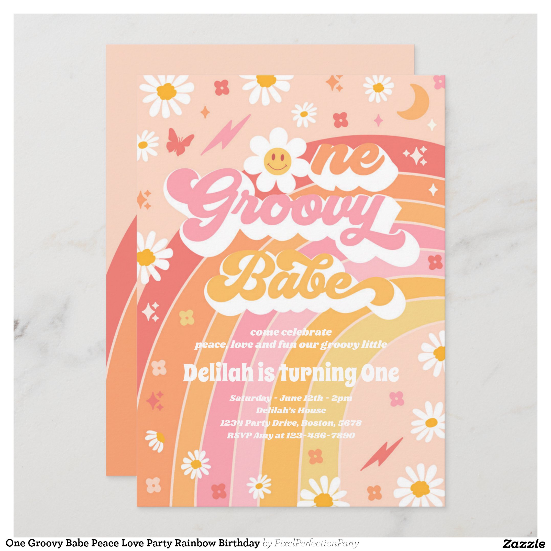 One Groovy Babe Peace Love Party Rainbow Birthday Invitation