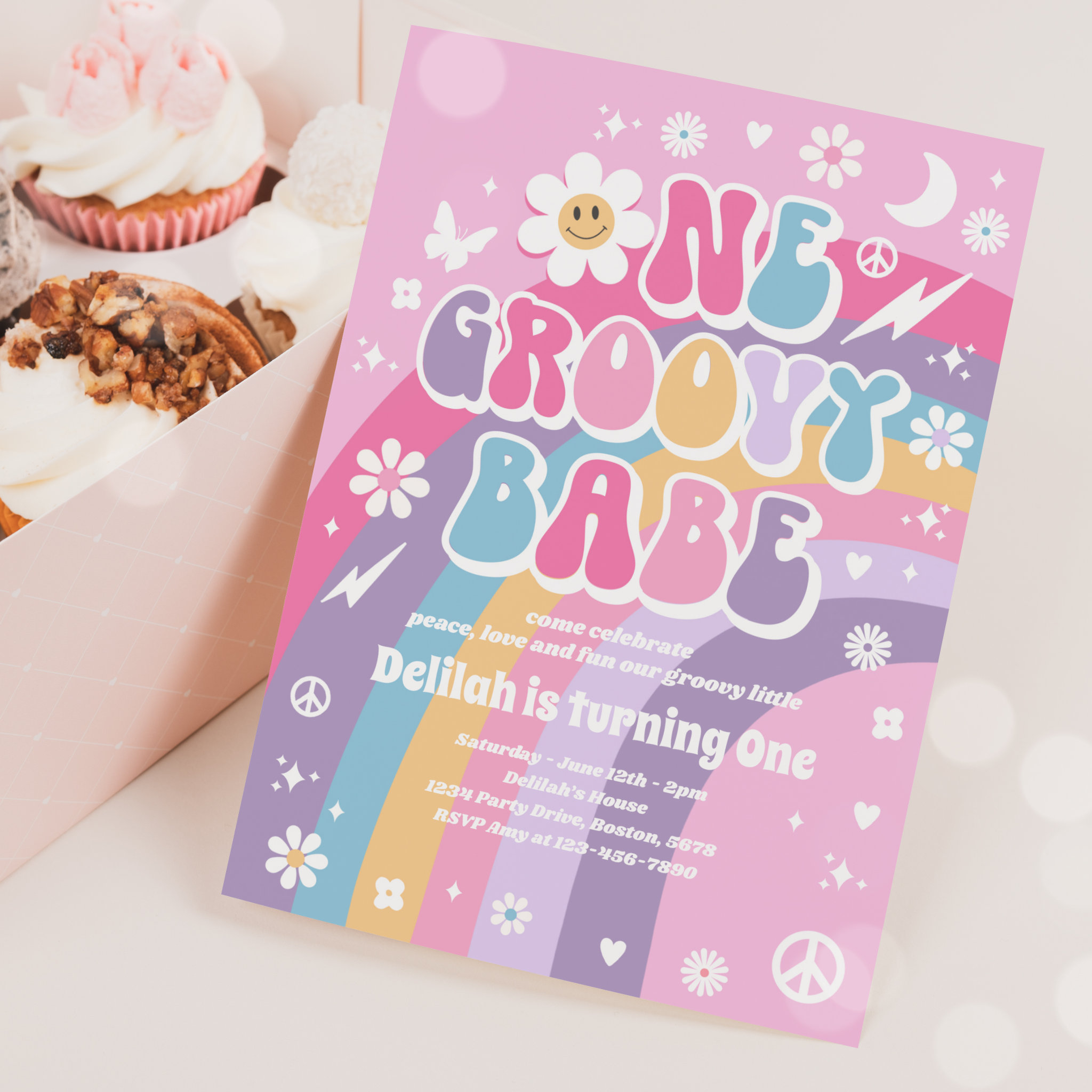 One Groovy Babe Peace Love Party Rainbow Birthday Invitation