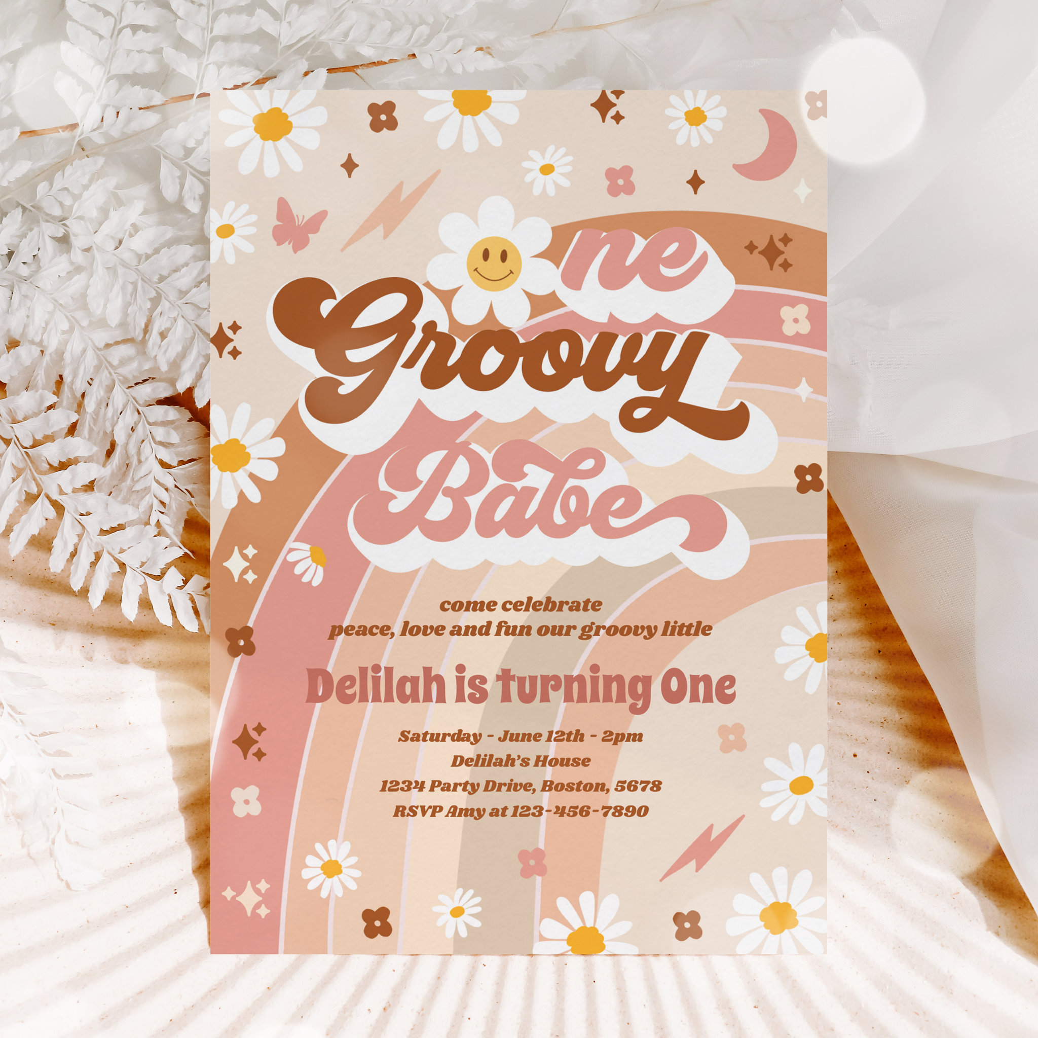 One Groovy Babe Peace Love Party Rainbow Birthday Invitation