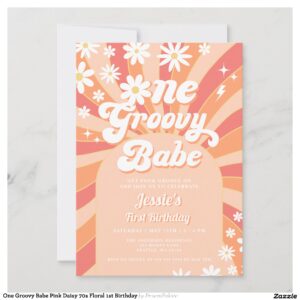 One Groovy Babe Pink Daisy 70s Floral 1st Birthday Invitation