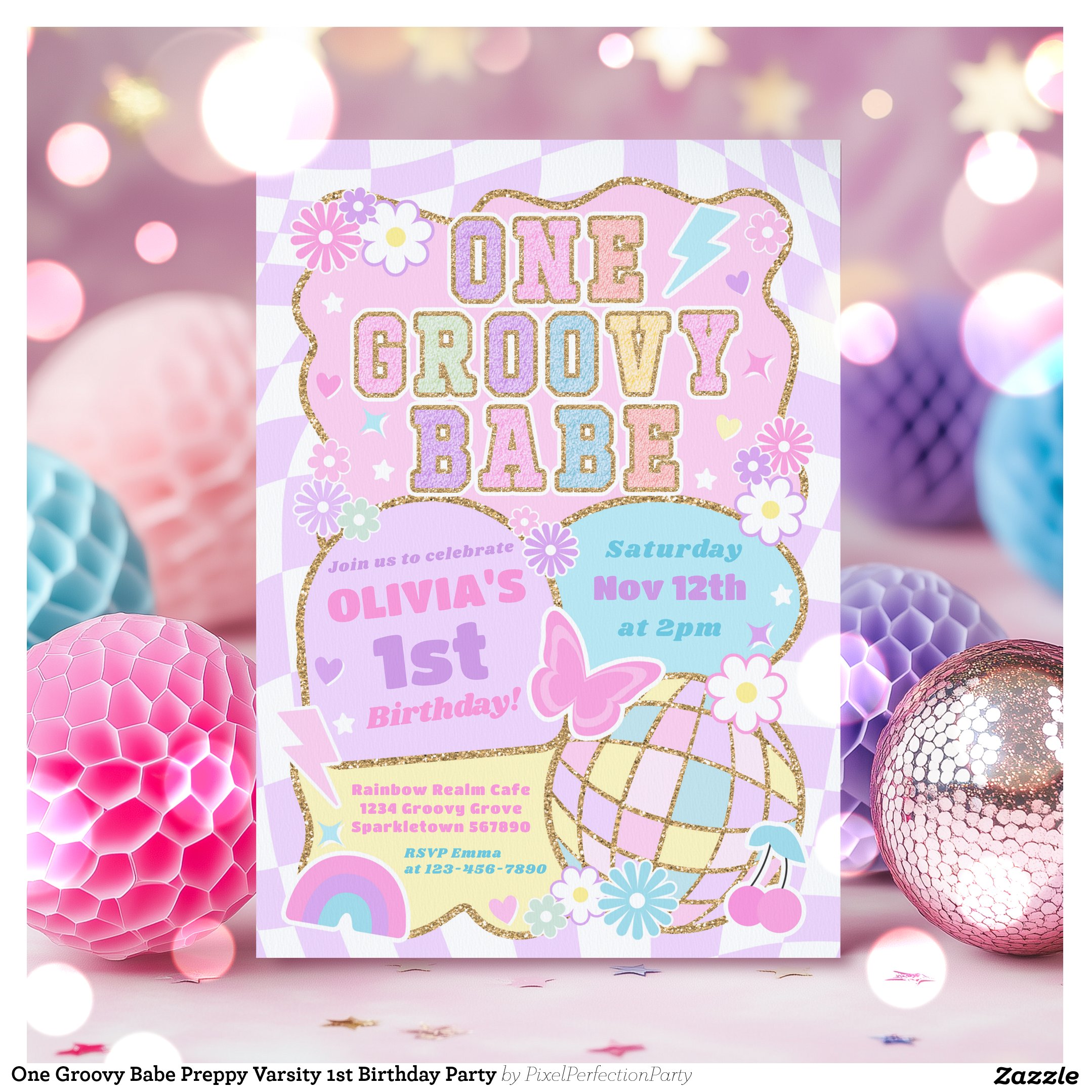 One Groovy Babe Preppy Varsity 1st Birthday Party Invitation